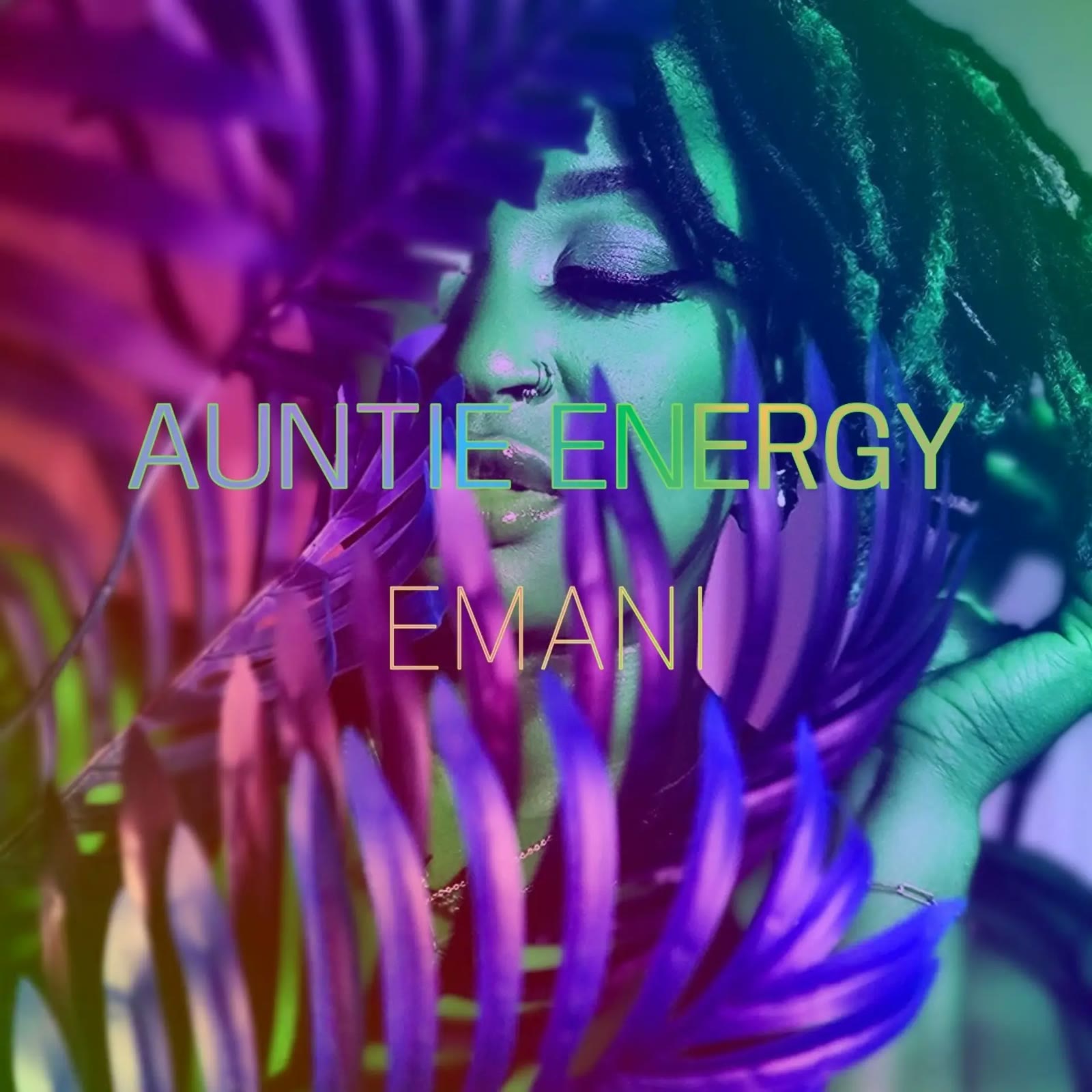 Auntie Energy official album artwork by Emani — portrait among tropical leaves in violet and green light